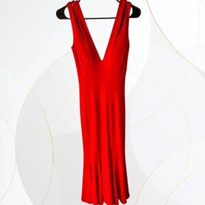 Halston Designer Plunge Neck Red Midi Dress